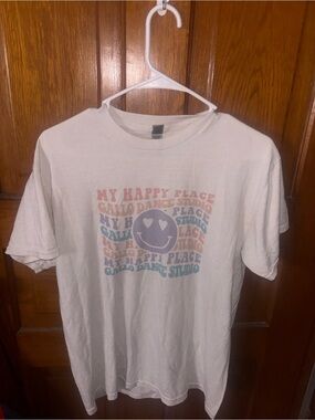 Graphic Tee with Pastel Smiley "My Happy Place"